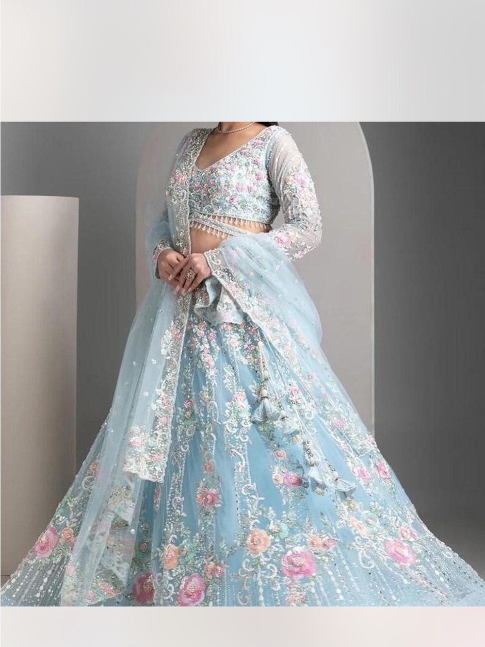 Sky Blue Silk Blend wedding Lehenga set New. Floral Embroidered Lehenga 3 piece